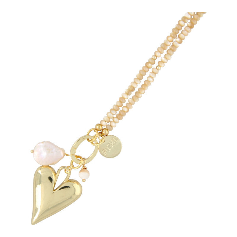 Ketting 3x4mm donut schelp beige met clip en bedels