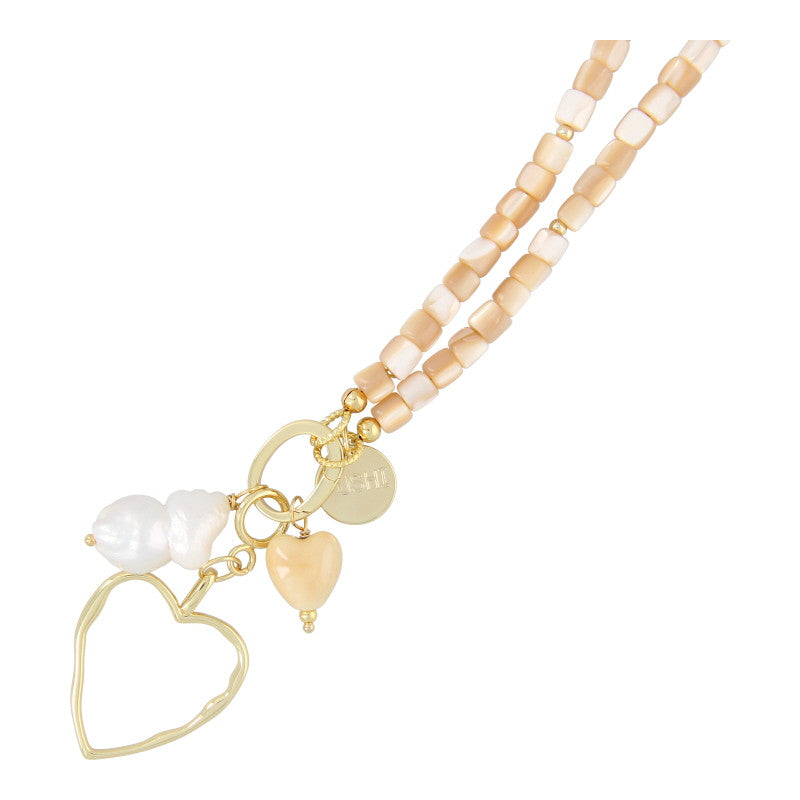 Ketting blokjes schelp beige met clip en bedels, Fushi Amsterdam