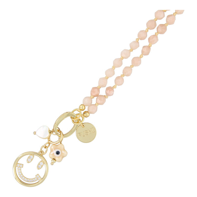 Ketting halfedelsteen bamboo agaat met clip en bedels, Fushi Amsterdam