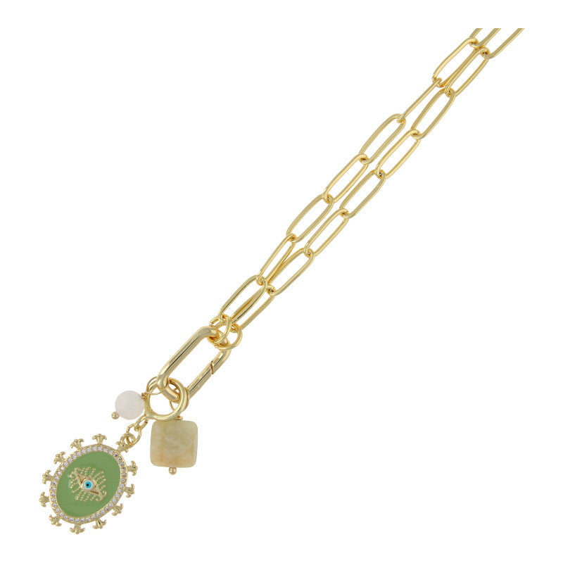   Ketting metaal schakel met clip en bedels groen, Fushi Amsterdam