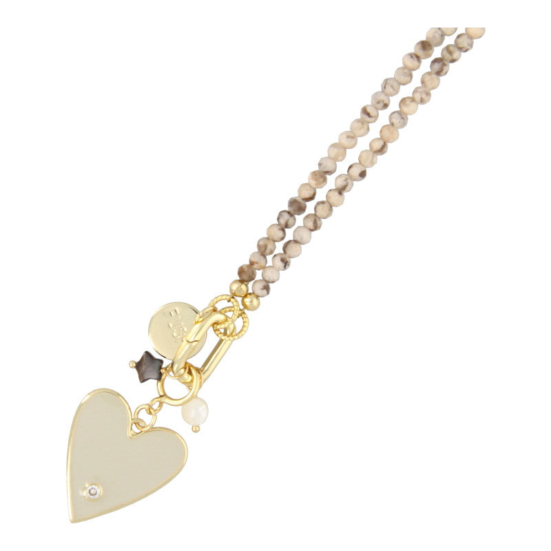 Ketting halfedelsteen facet beige/grijs met clip en bedels, Fushi Amsterdam