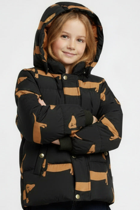 Dog aop hooded puffer, Mini Rodini