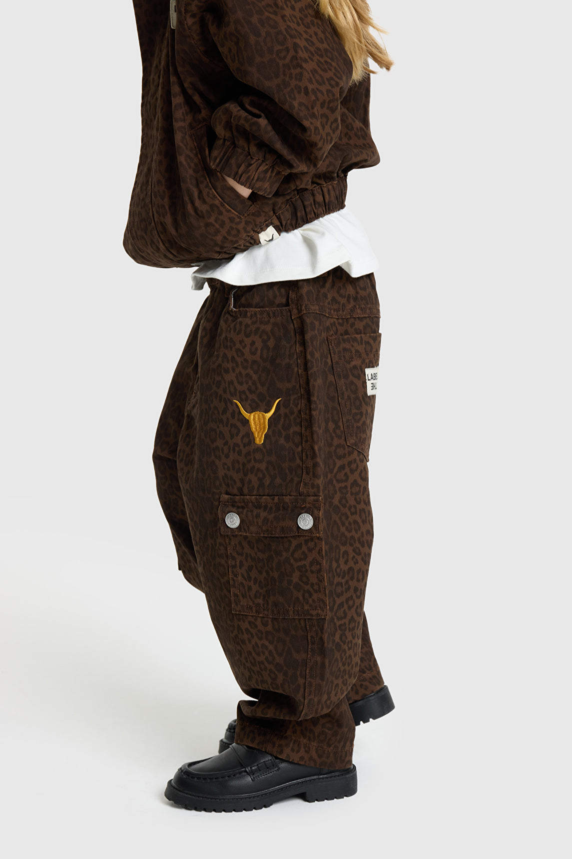 Kids woven leopard animal cargo pants, alix the label