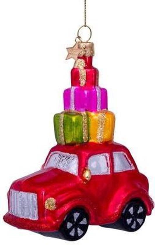 Kerstbal Red car presents on top, Vondels Hedgehog & Deer