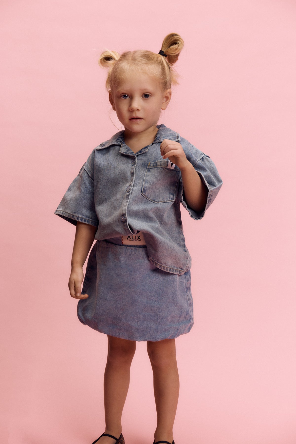 Kids woven short sleeve denim blouse, Alix The Label