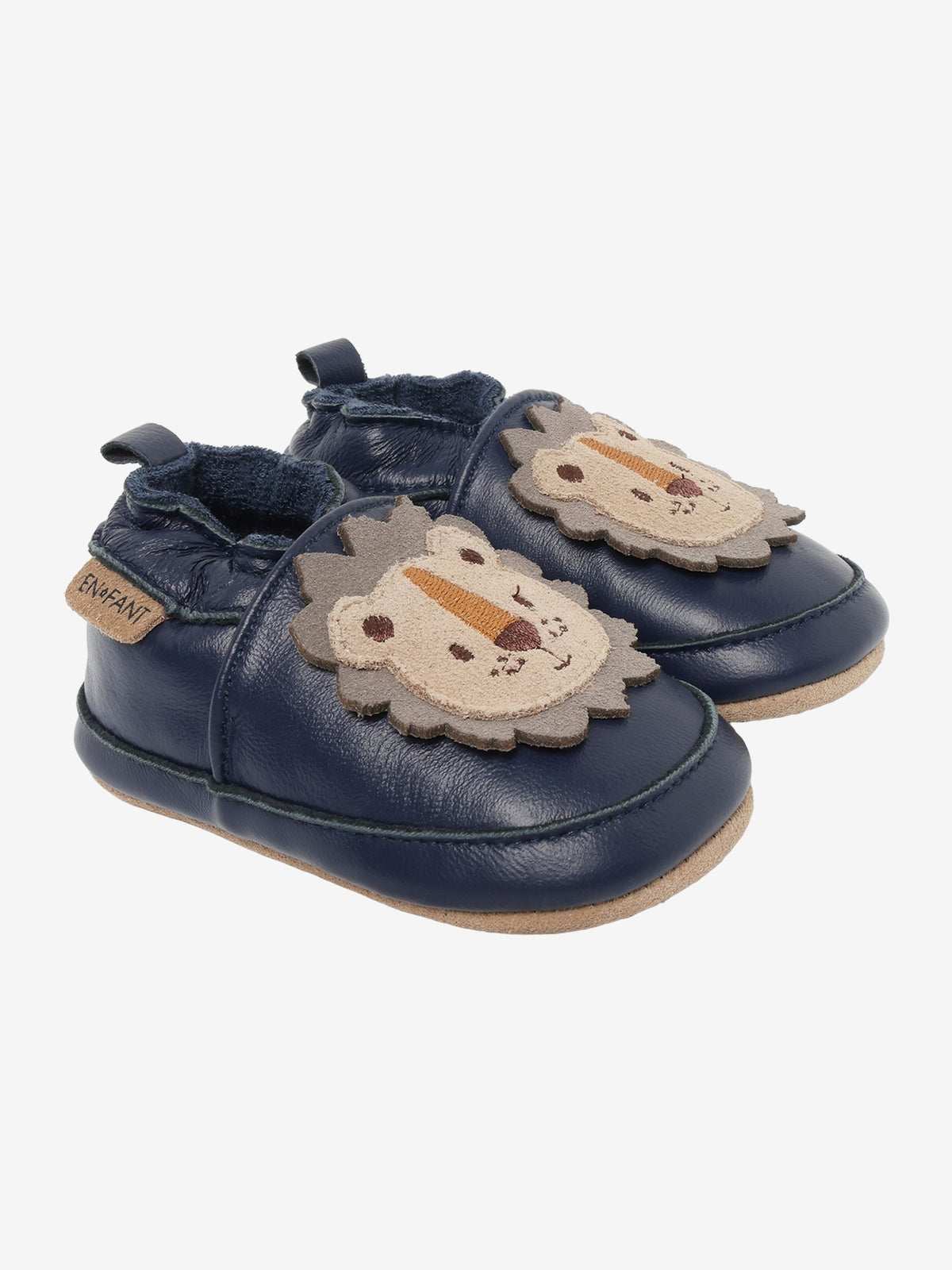 Slofjes leeuw donkerblauw leder, Enfant