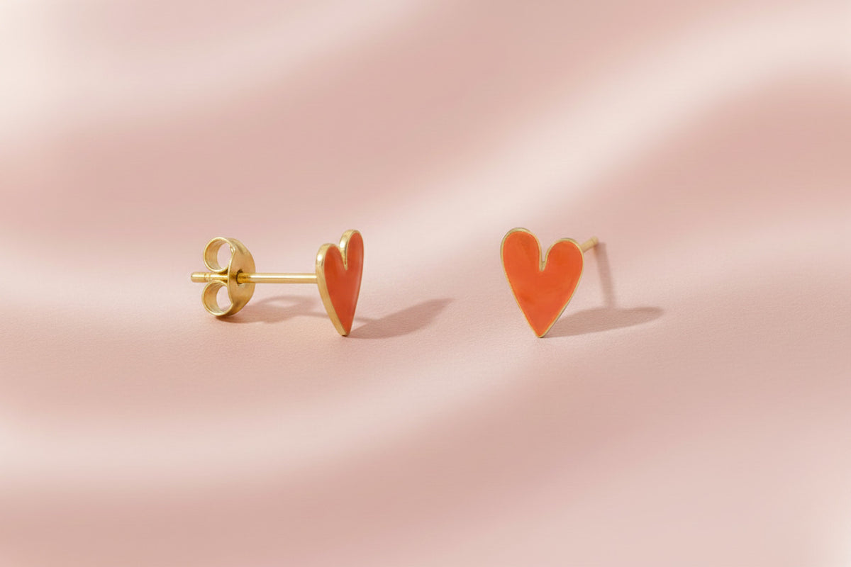 Medium Coral Pink Heart Enamel Stud Earrings gold, Bibi & Camille