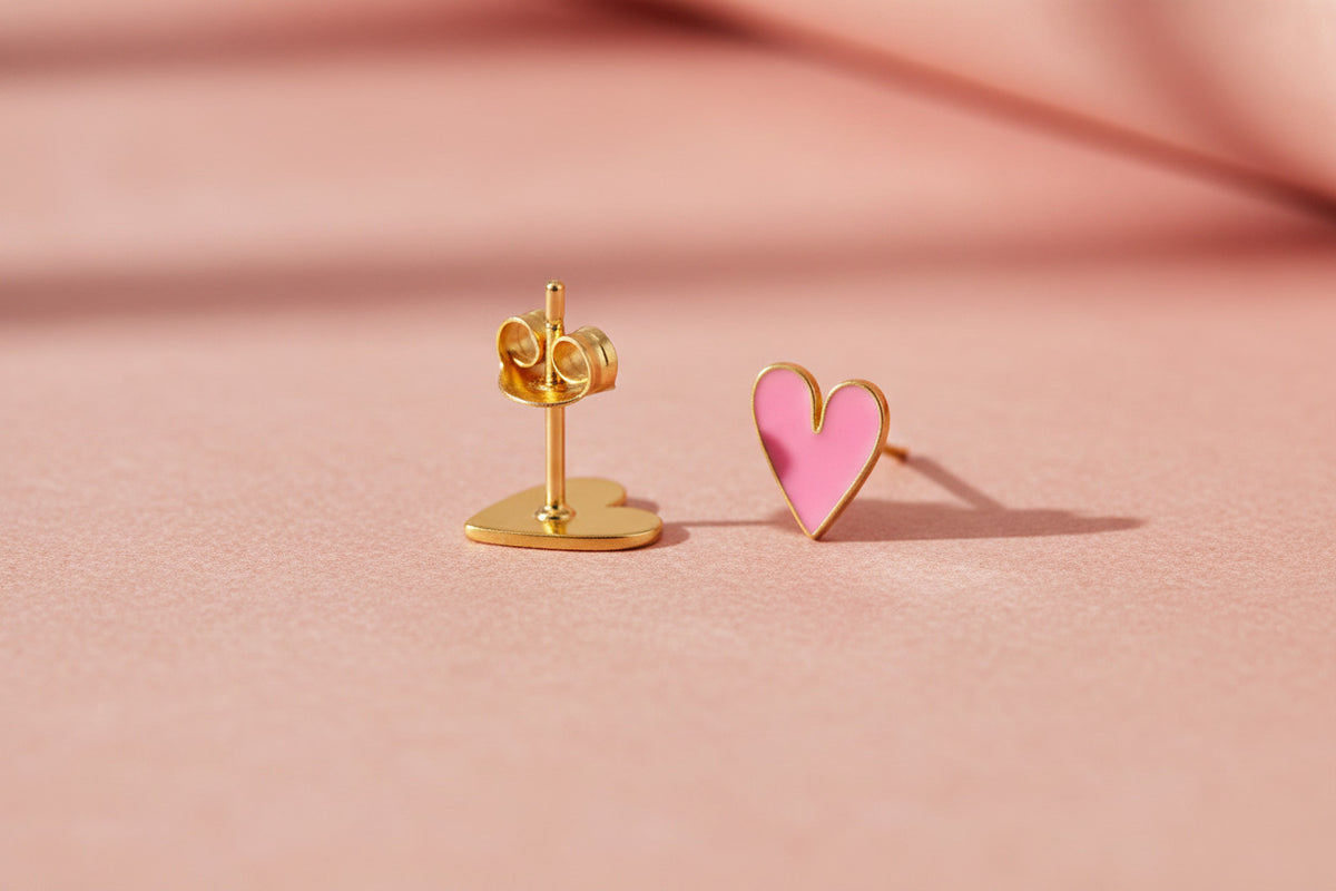 Medium Light Pink Heart Enamel Stud Earrings gold, Bibi & Camille