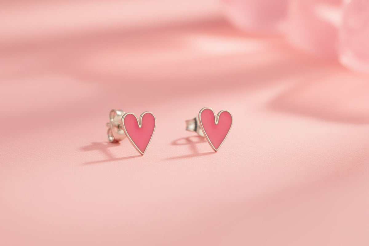 Medium Light Pink Heart Enamel Stud Earrings silver, Bibi & Camille