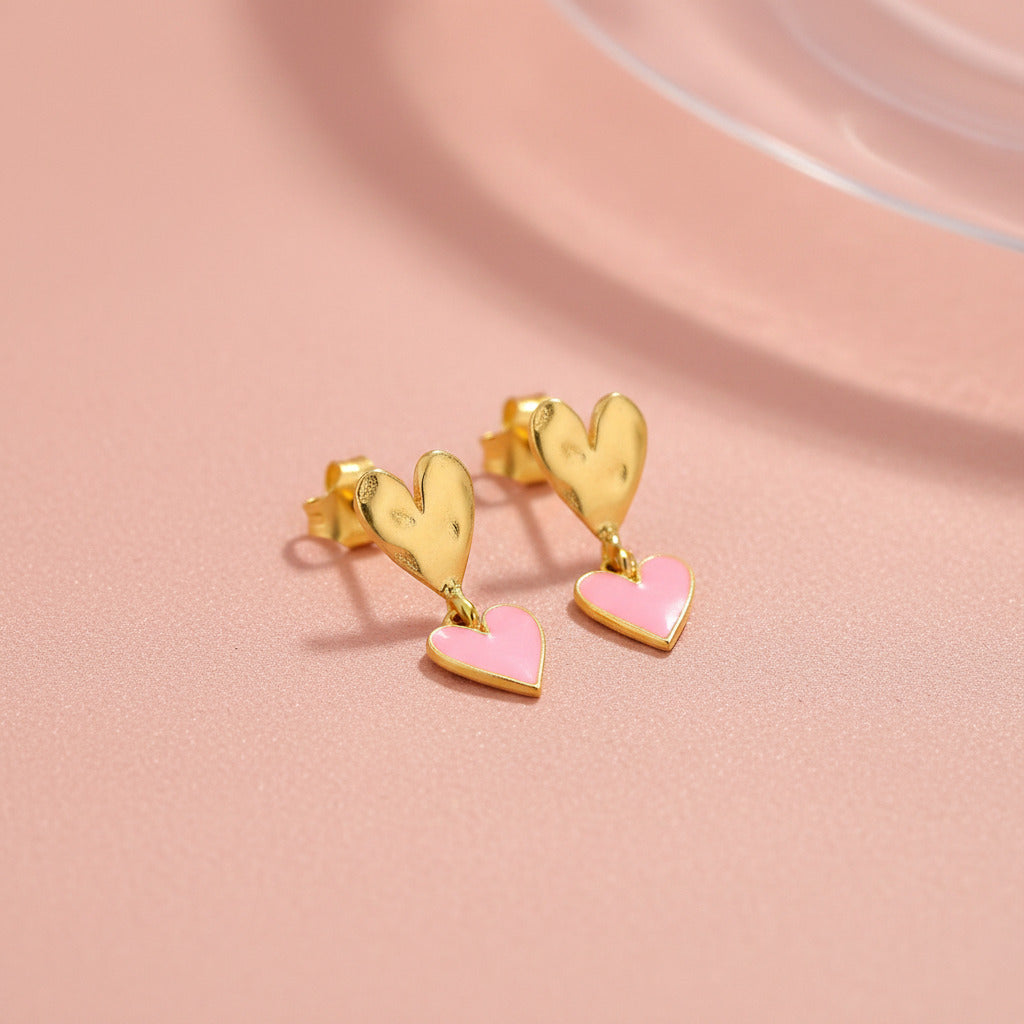 Medium Two Hearts Stud Earring Light Pink Enamel gold, Bibi & Camille