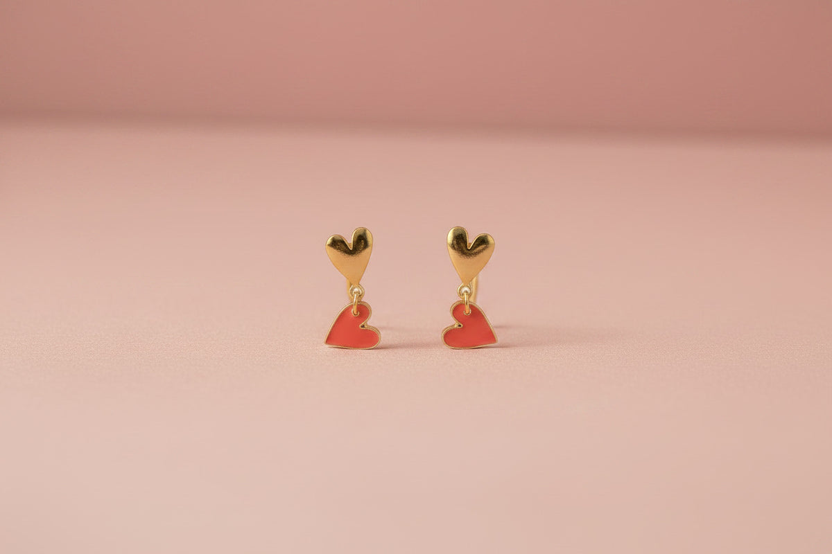Medium Two Hearts Stud Earring Neon Coral Enamel gold, Bibi & Camille