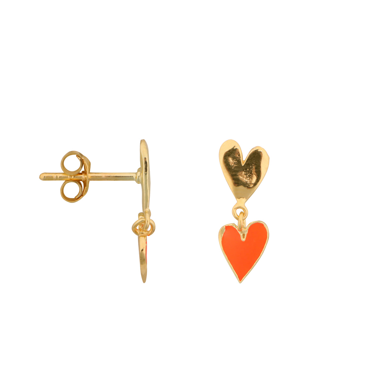 Medium Two Hearts Stud Earring Neon Coral Enamel gold, Bibi & Camille