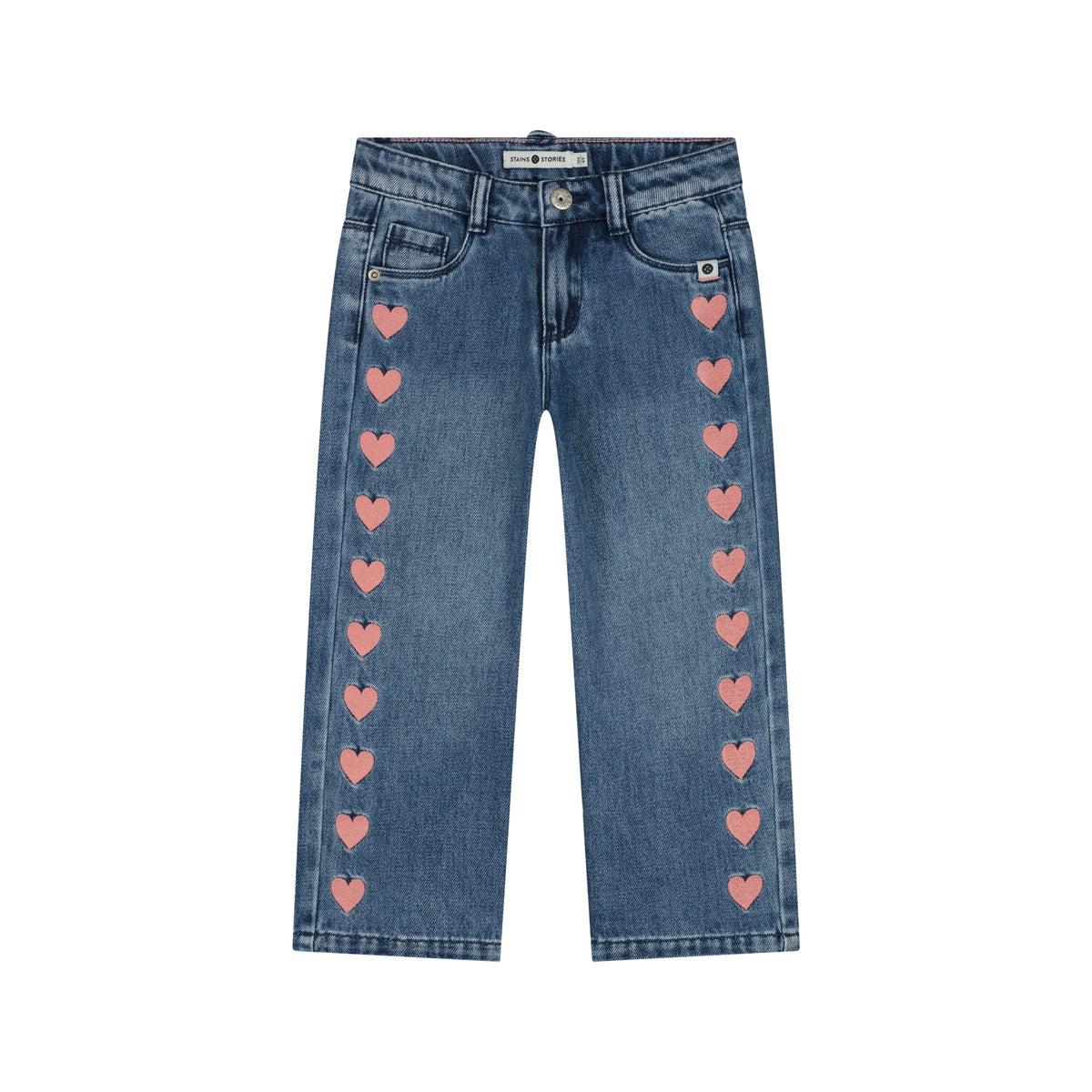 Girls denim wide leg medium blue hearts, Stains & Stories