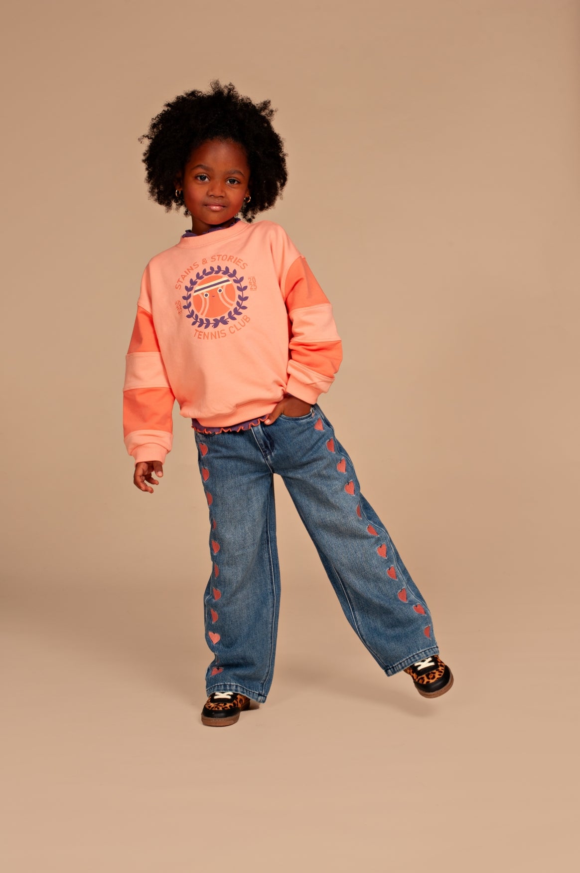 Girls denim wide leg medium blue hearts, Stains & Stories