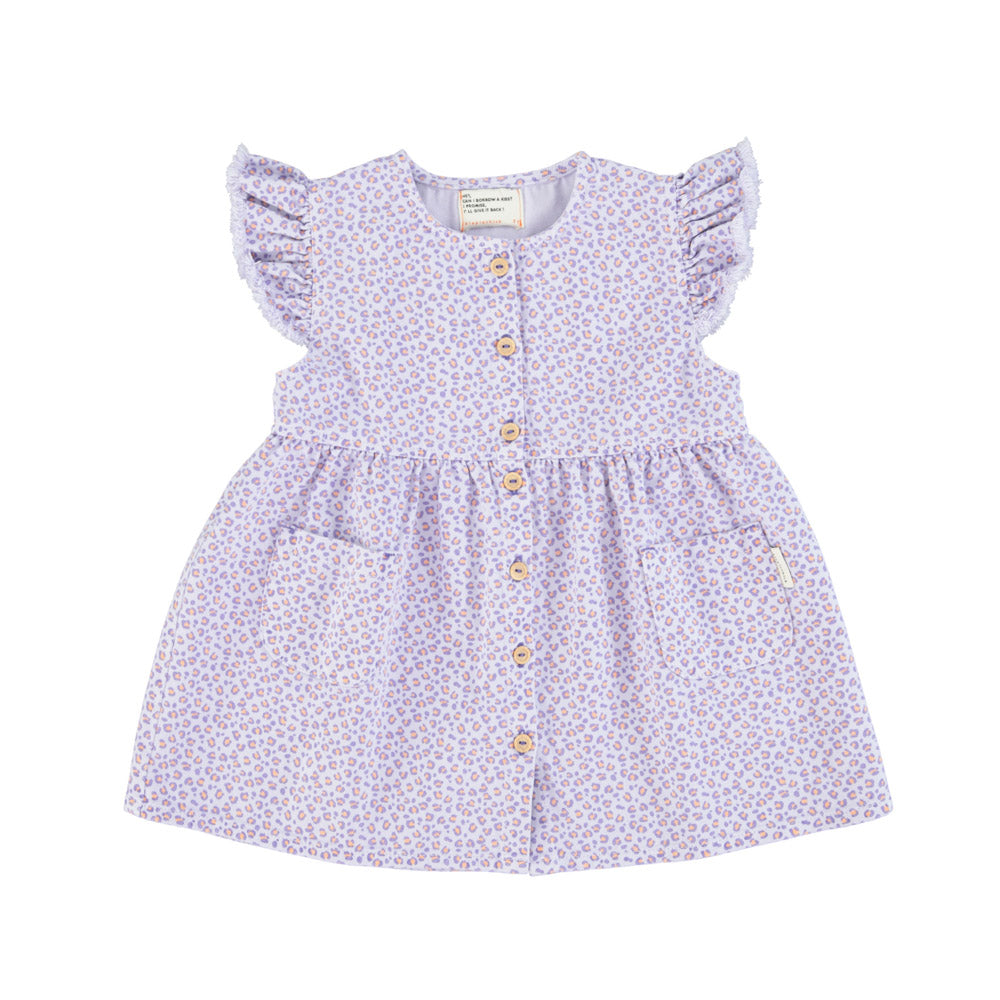 Short dress with ruffle shoulders lavender animal print, Piupiuchick