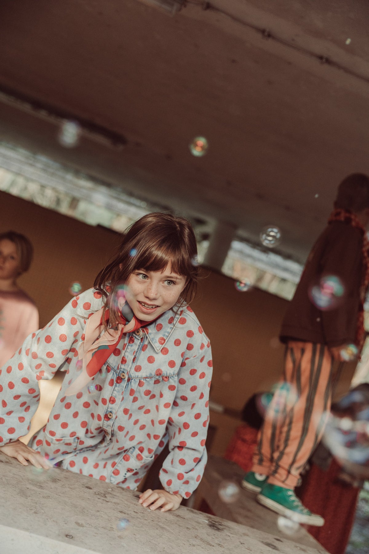 Short dress | light blue denim with red dots, Piupiuchick