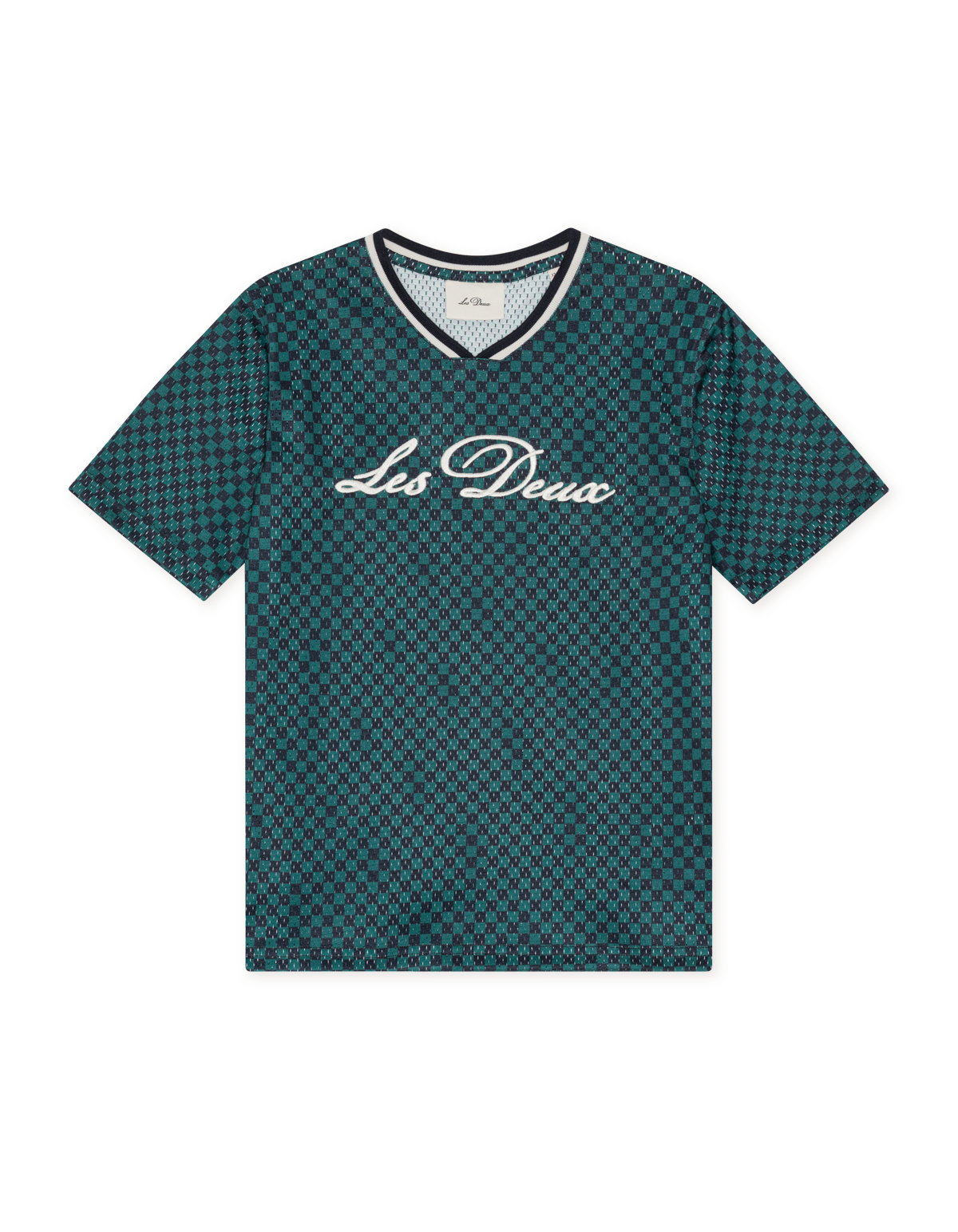 Mesh T/shirt Check AOP Mediterranea green, Les Deux